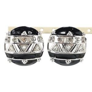 Ivana Signed Clip Earrings Silvertone Black Enamel Clear Rhinestones 1.25” Geo
